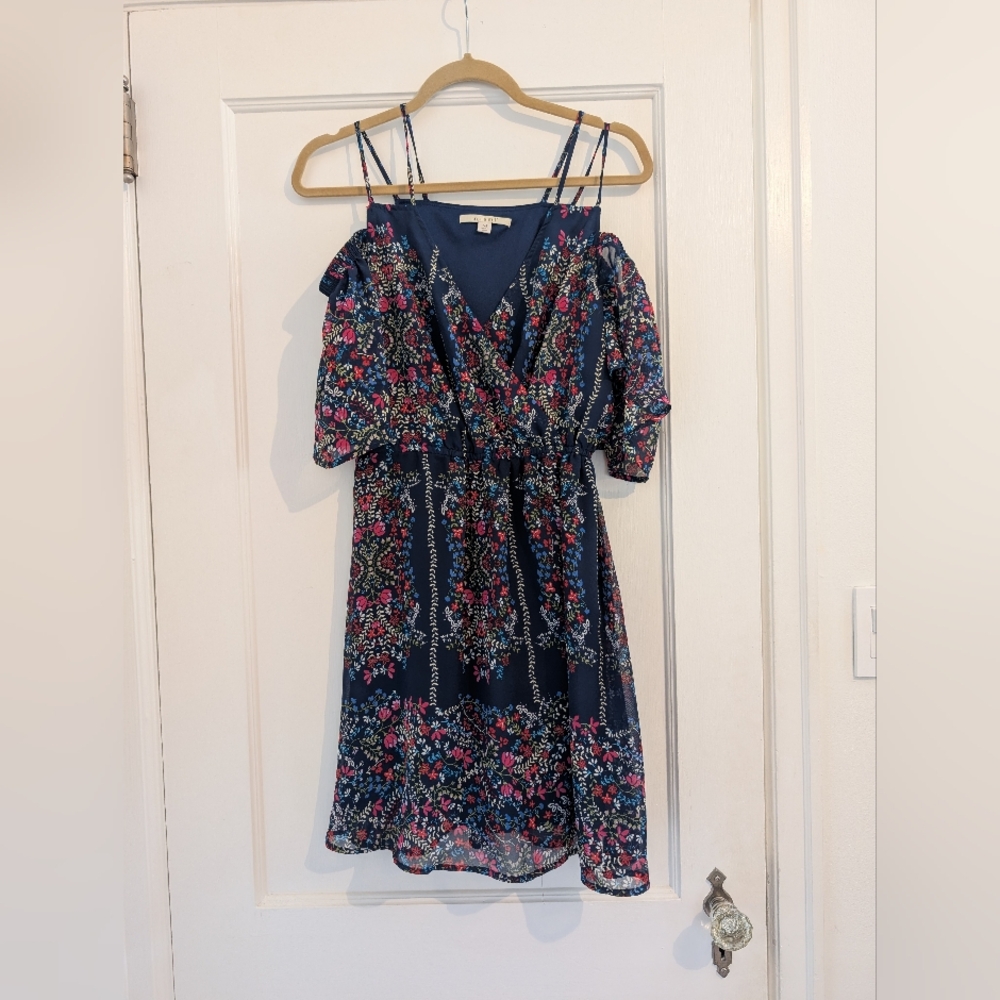 Miami Short Sleeve Floral Midi Chiffon Dress - Navy and Pink Size Medium